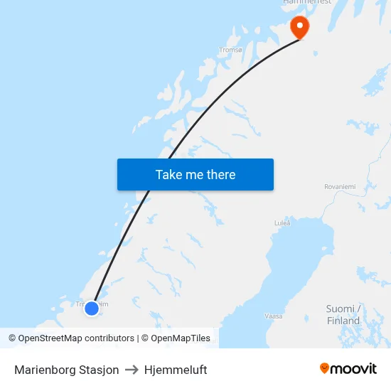 Marienborg Stasjon to Hjemmeluft map