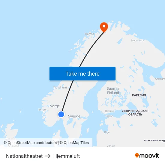 Nationaltheatret to Hjemmeluft map