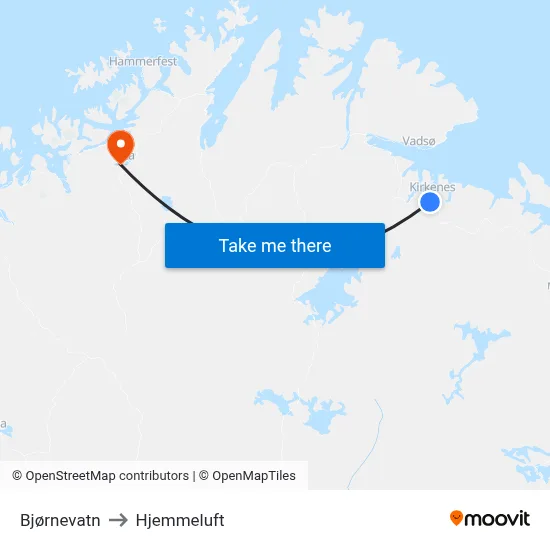 Bjørnevatn to Hjemmeluft map