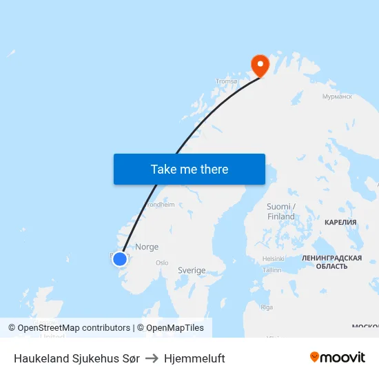 Haukeland Sjukehus Sør to Hjemmeluft map