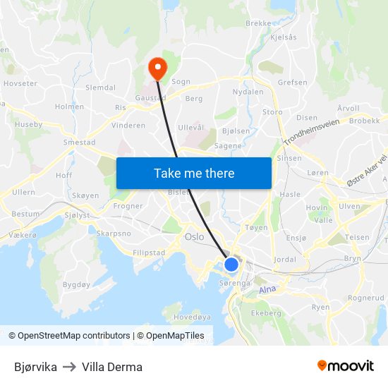 Bjørvika to Villa Derma map