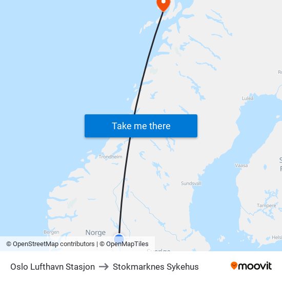 Oslo Lufthavn Stasjon to Stokmarknes Sykehus map