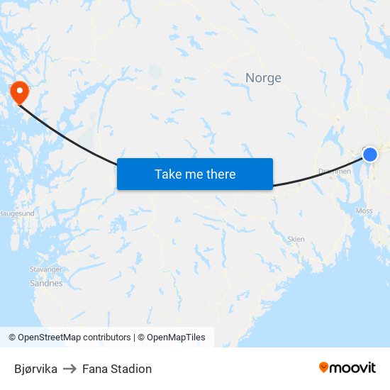 Bjørvika to Fana Stadion map