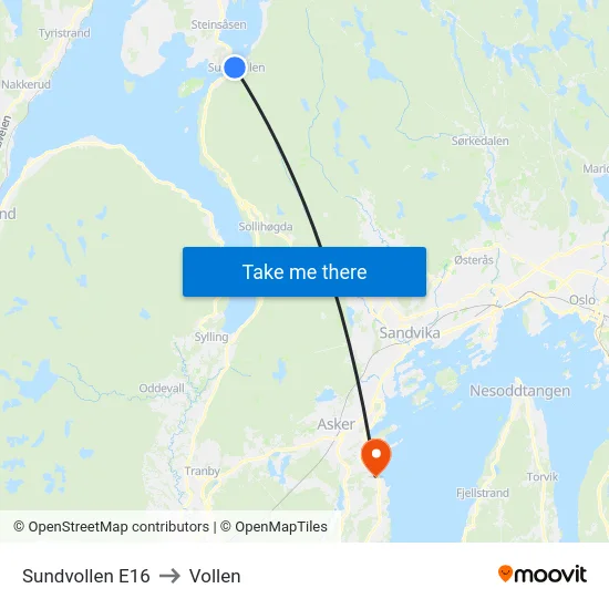 Sundvollen E16 to Vollen map