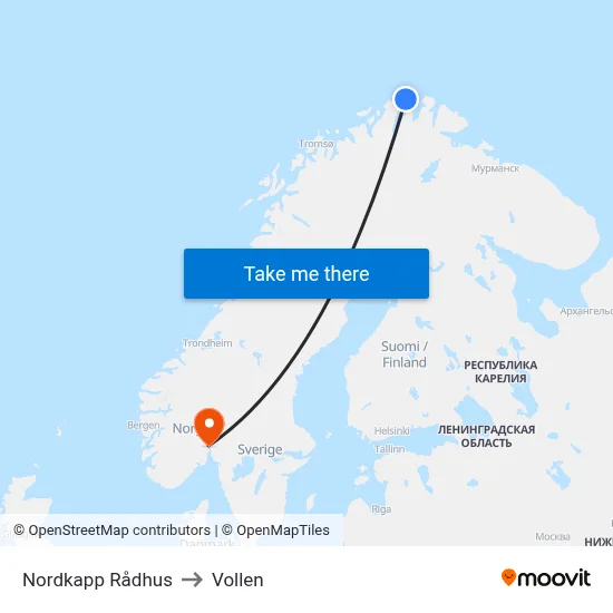 Nordkapp Rådhus to Vollen map