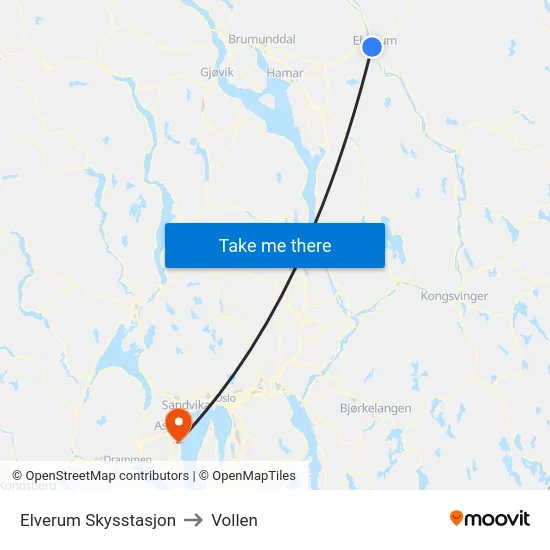Elverum Skysstasjon to Vollen map