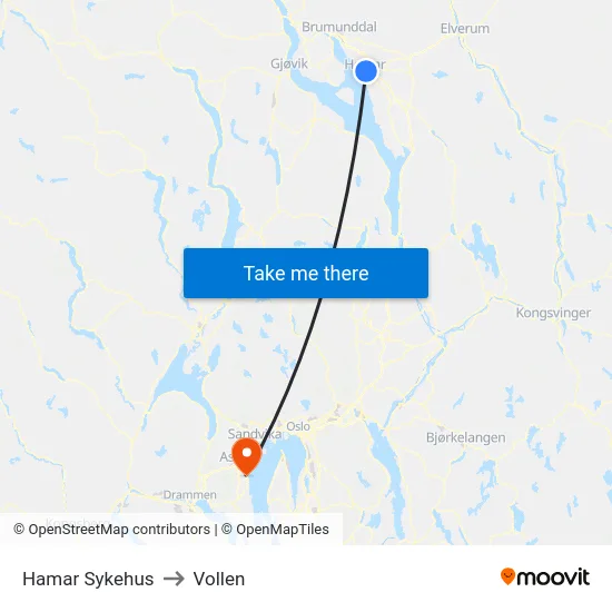 Hamar Sykehus to Vollen map