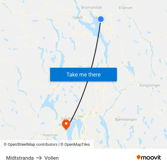 Midtstranda to Vollen map
