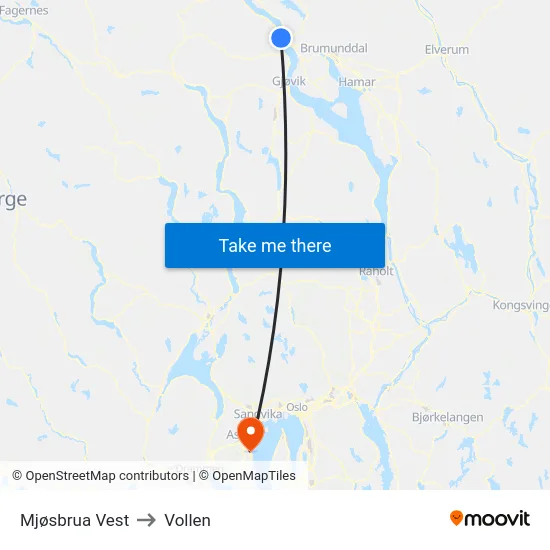 Mjøsbrua Vest to Vollen map