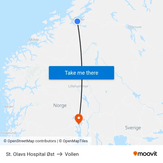St. Olavs Hospital Øst to Vollen map