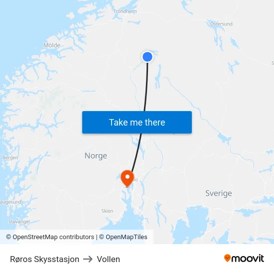 Røros Skysstasjon to Vollen map