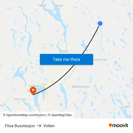 Flisa Busstasjon to Vollen map