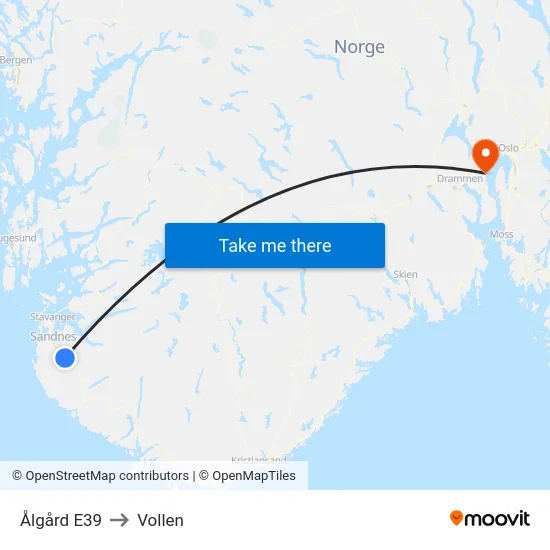 Ålgård E39 to Vollen map