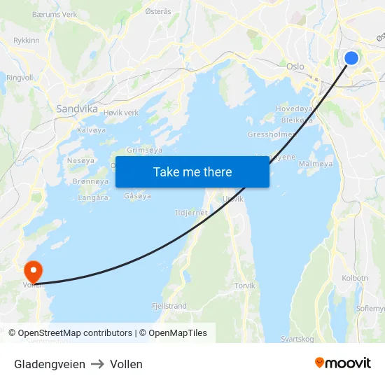Gladengveien to Vollen map