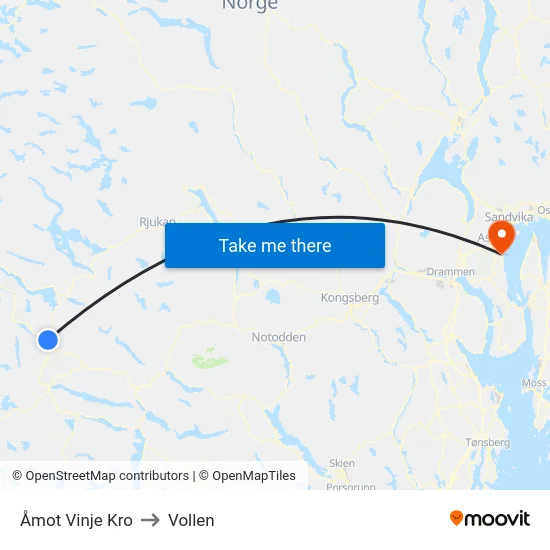 Åmot Vinje Kro to Vollen map