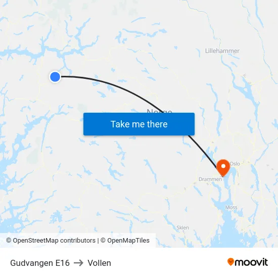 Gudvangen E16 to Vollen map