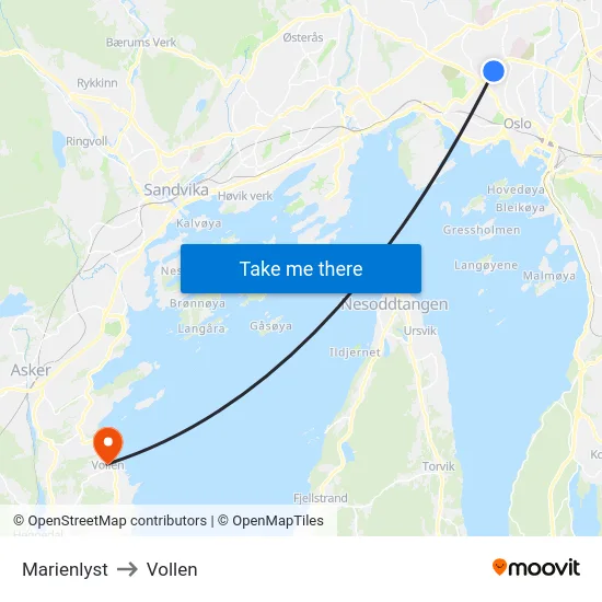 Marienlyst to Vollen map