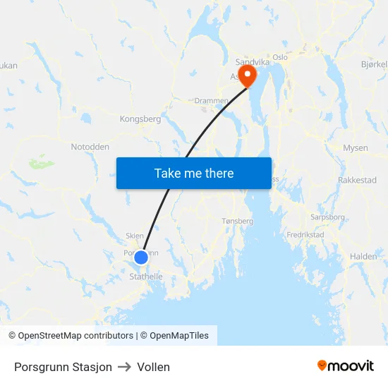 Porsgrunn Stasjon to Vollen map