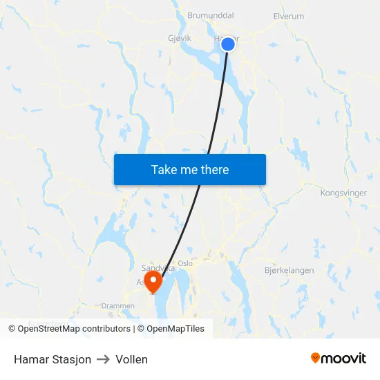 Hamar Stasjon to Vollen map