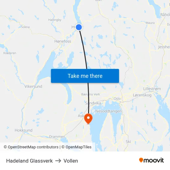 Hadeland Glassverk to Vollen map