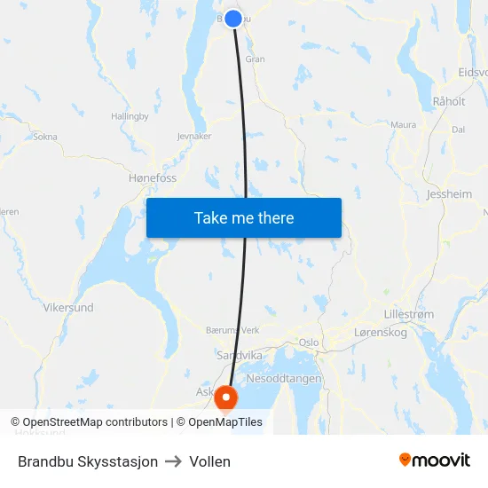 Brandbu Skysstasjon to Vollen map