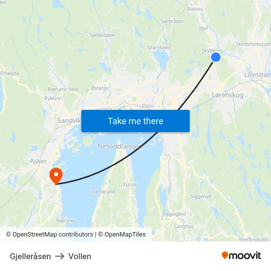 Gjelleråsen to Vollen map