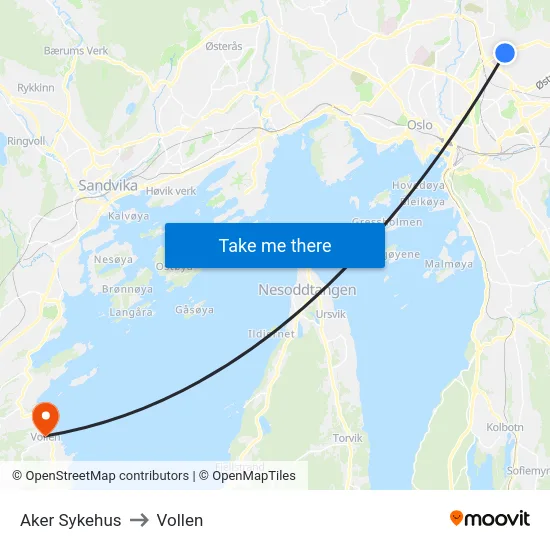 Aker Sykehus to Vollen map