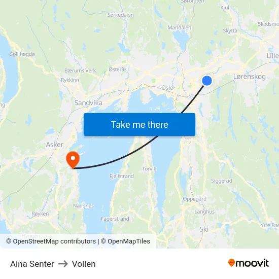 Alna Senter to Vollen map