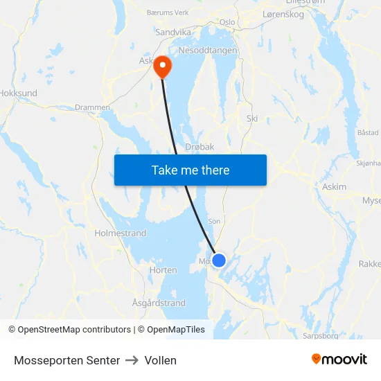 Mosseporten Senter to Vollen map