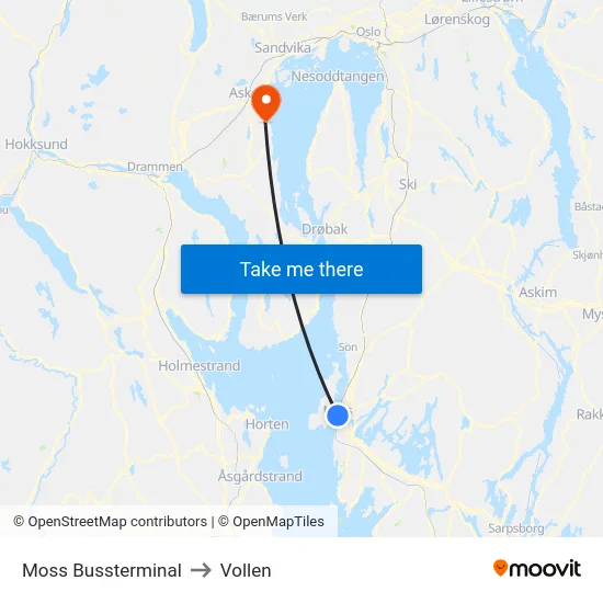Moss Bussterminal to Vollen map