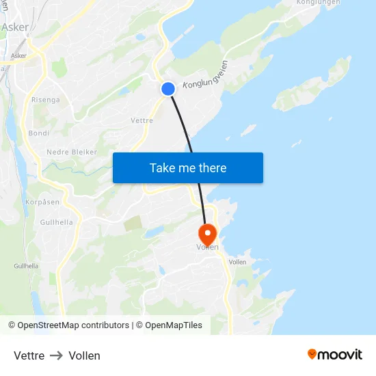 Vettre to Vollen map