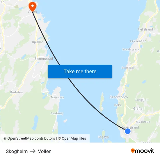 Skogheim to Vollen map