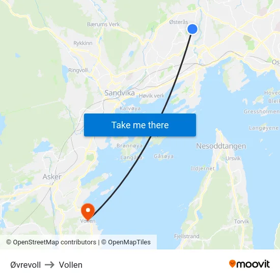 Øvrevoll to Vollen map