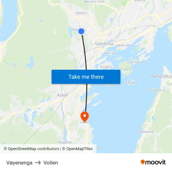 Vøyenenga to Vollen map