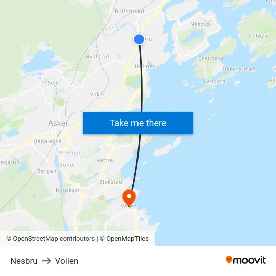 Nesbru to Vollen map