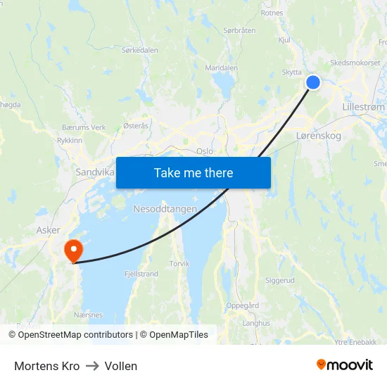 Mortens Kro to Vollen map