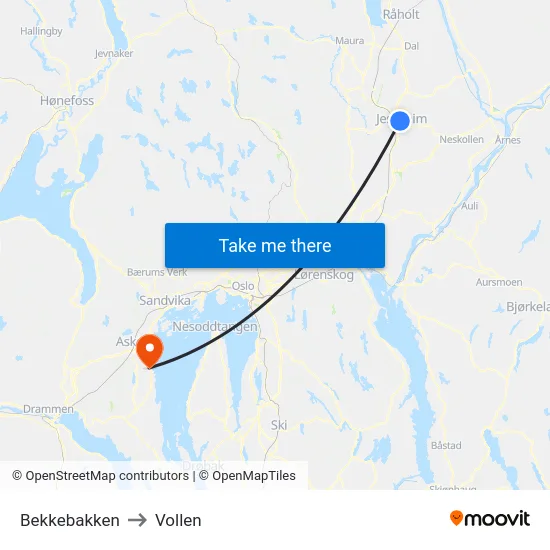 Bekkebakken to Vollen map