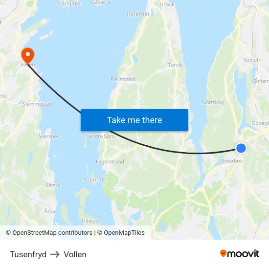 Tusenfryd to Vollen map