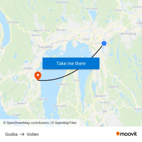 Godlia to Vollen map
