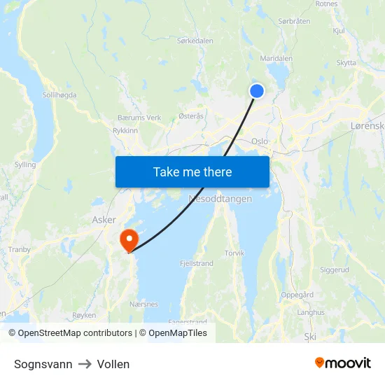 Sognsvann to Vollen map