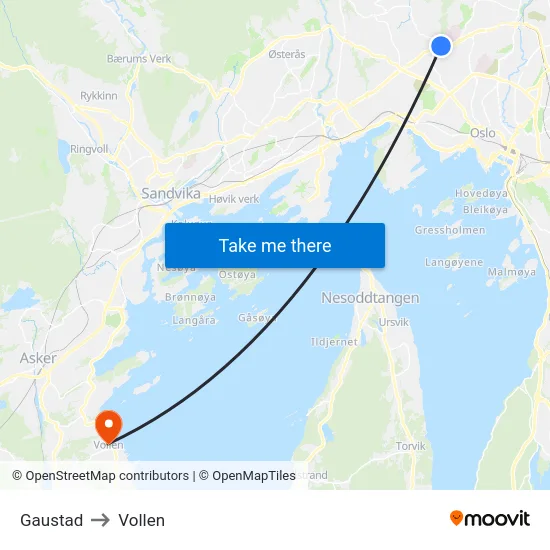 Gaustad to Vollen map