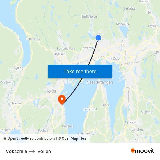 Voksenlia to Vollen map