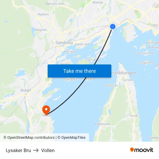 Lysaker Bru to Vollen map