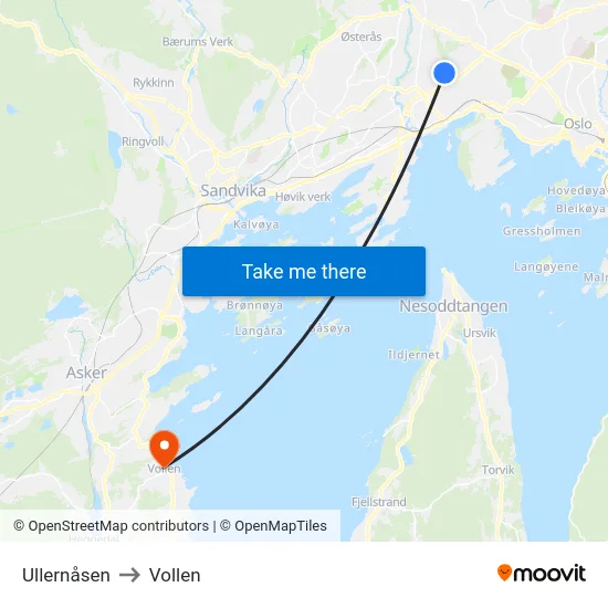 Ullernåsen to Vollen map