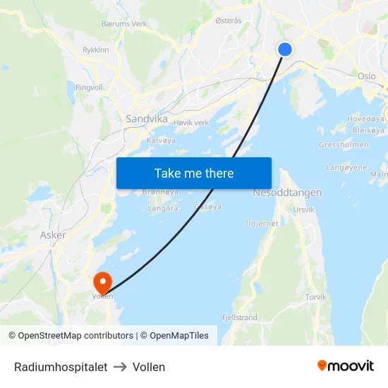 Radiumhospitalet to Vollen map