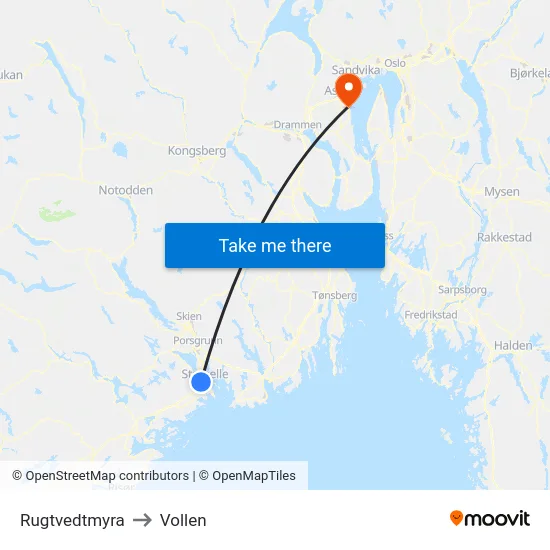 Rugtvedtmyra to Vollen map