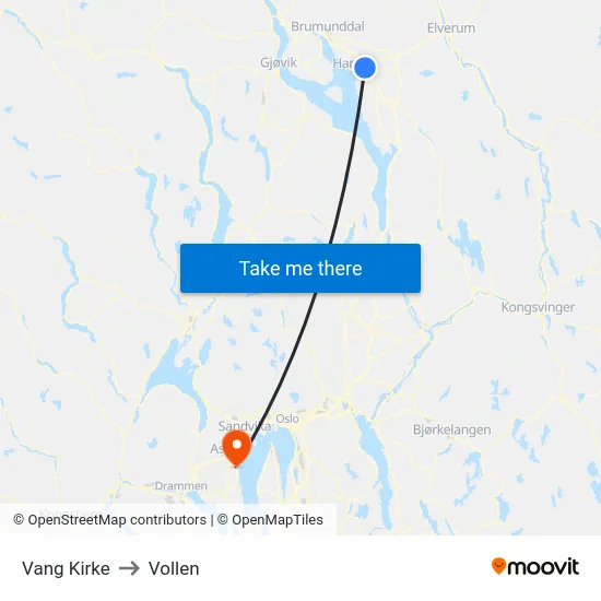 Vang Kirke to Vollen map