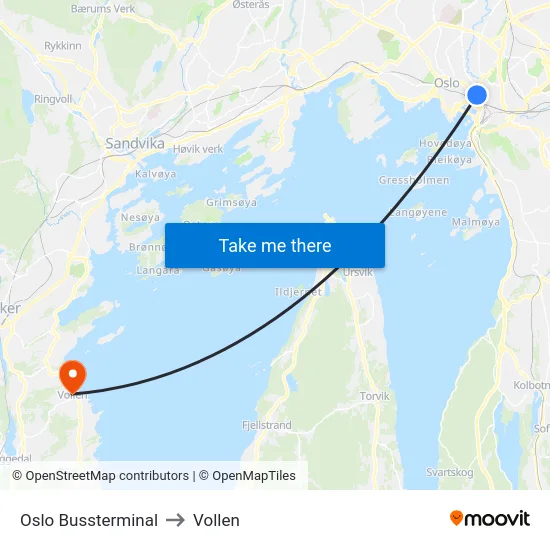 Oslo Bussterminal to Vollen map