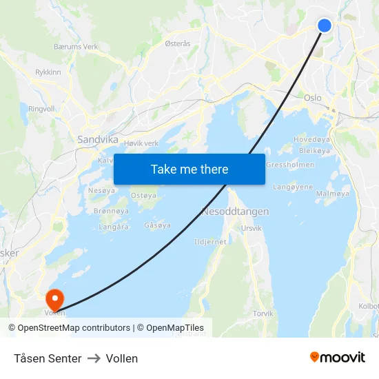 Tåsen Senter to Vollen map