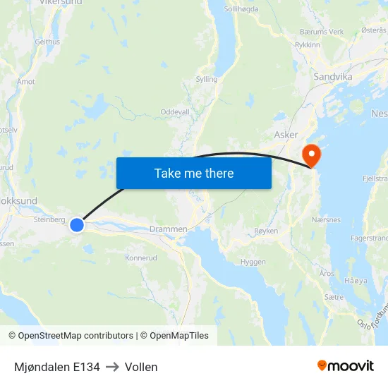Mjøndalen E134 to Vollen map